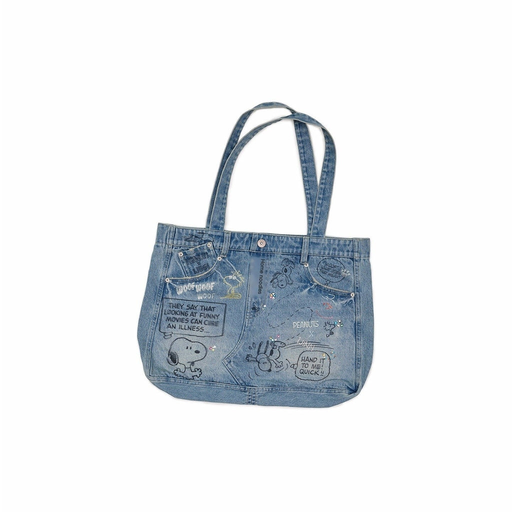 Graffiti Print Rhinestone Large Capacity Women's Denim Handbags