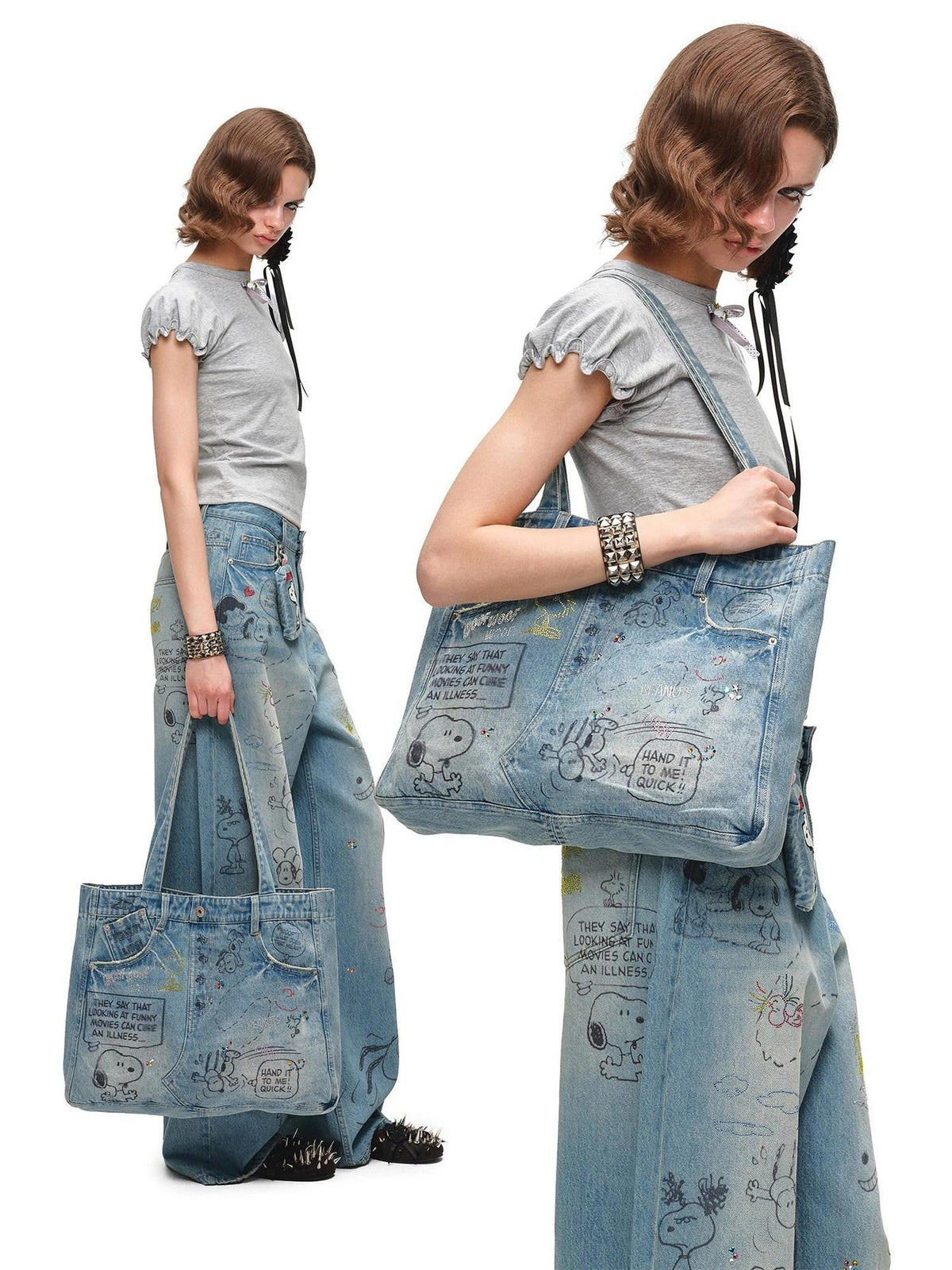 Graffiti Print Rhinestone Large Capacity Women's Denim Handbags