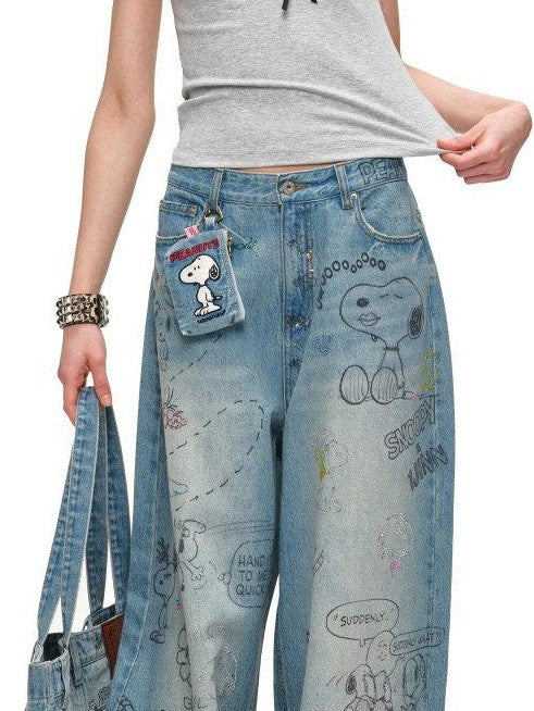 Graffiti Print Rhinestone Large Capacity Women's Denim Handbags