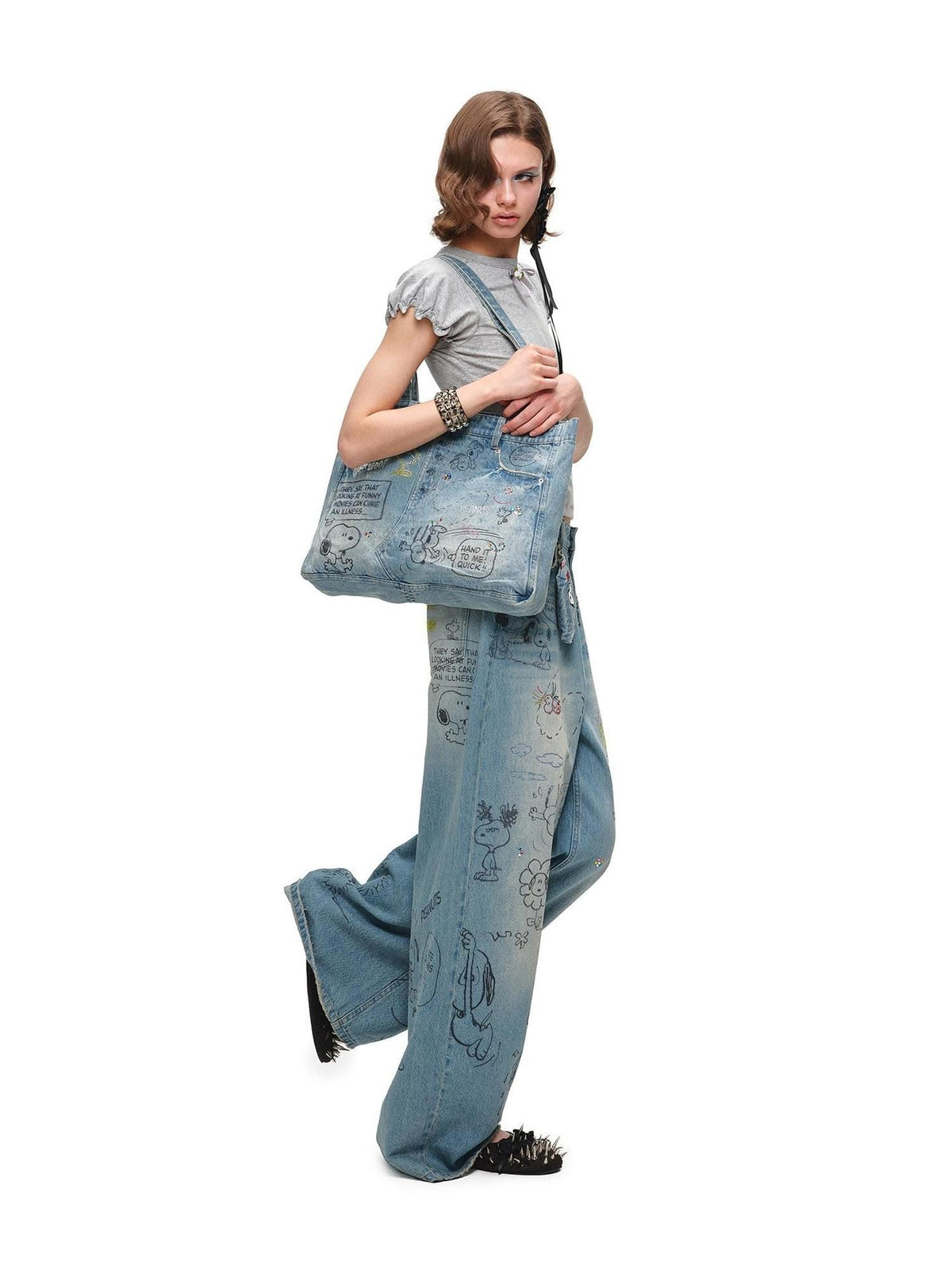 Graffiti Print Rhinestone Large Capacity Women's Denim Handbags