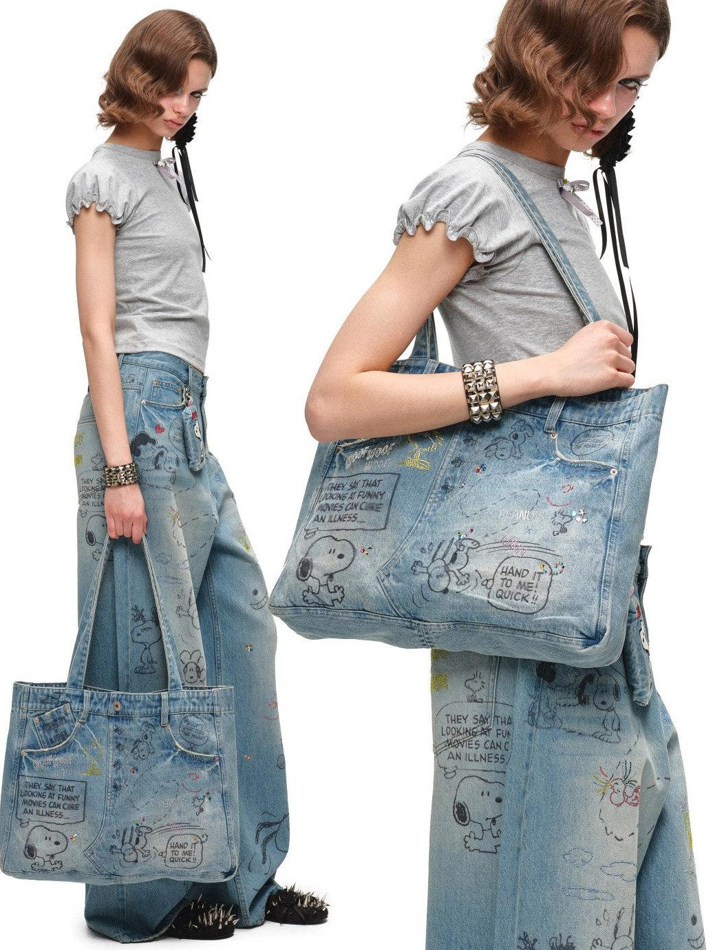 Graffiti Print Rhinestone Large Capacity Women's Denim Handbags