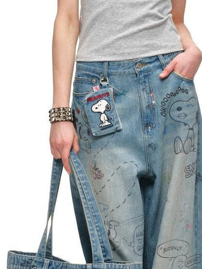 Graffiti Print Rhinestone Large Capacity Women's Denim Handbags
