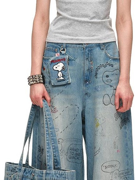 Graffiti Print Rhinestone Large Capacity Women's Denim Handbags