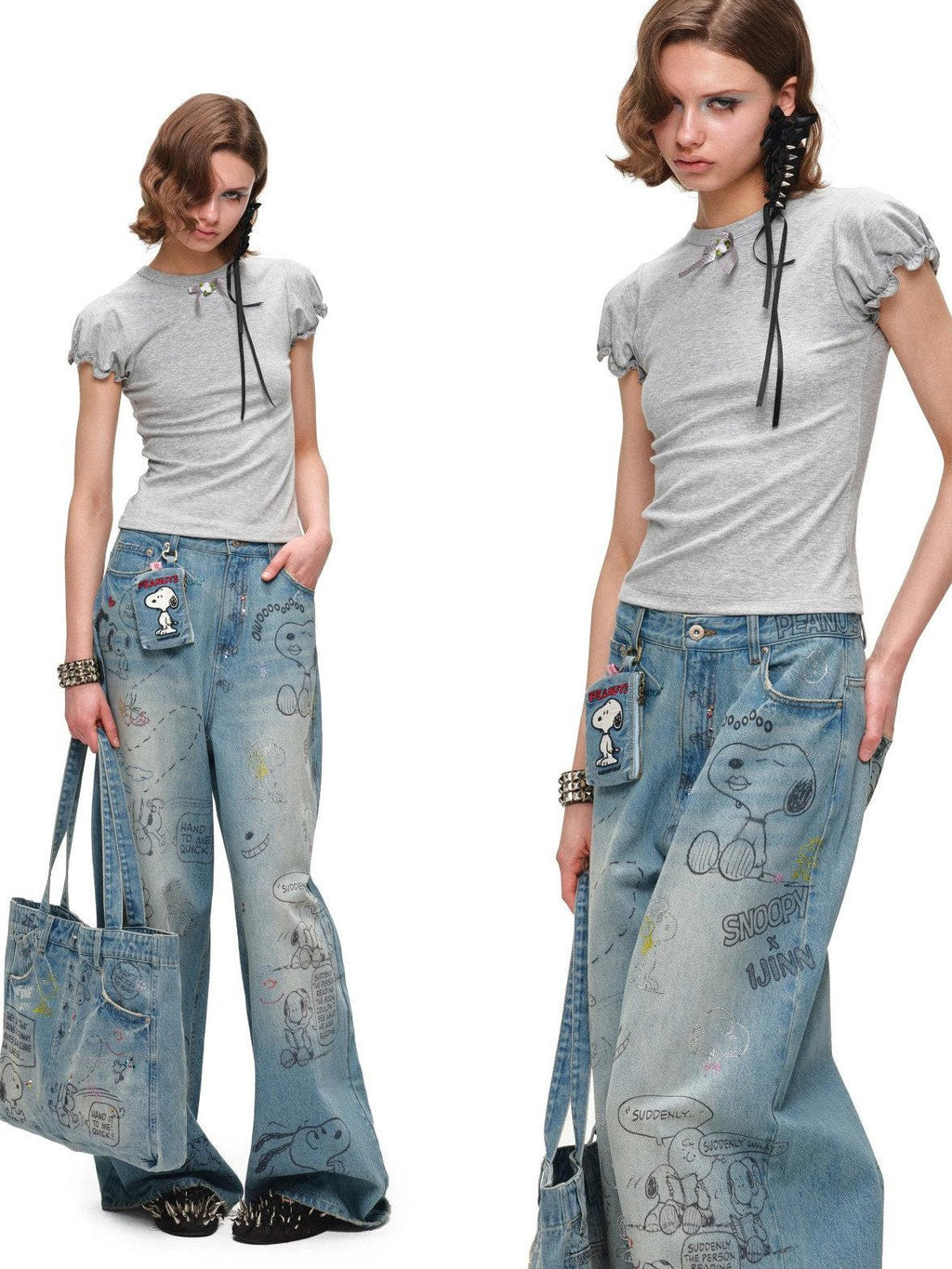 Graffiti Print Rhinestone Large Capacity Women's Denim Handbags