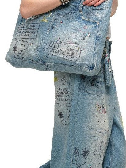 Graffiti Print Rhinestone Large Capacity Women's Denim Handbags