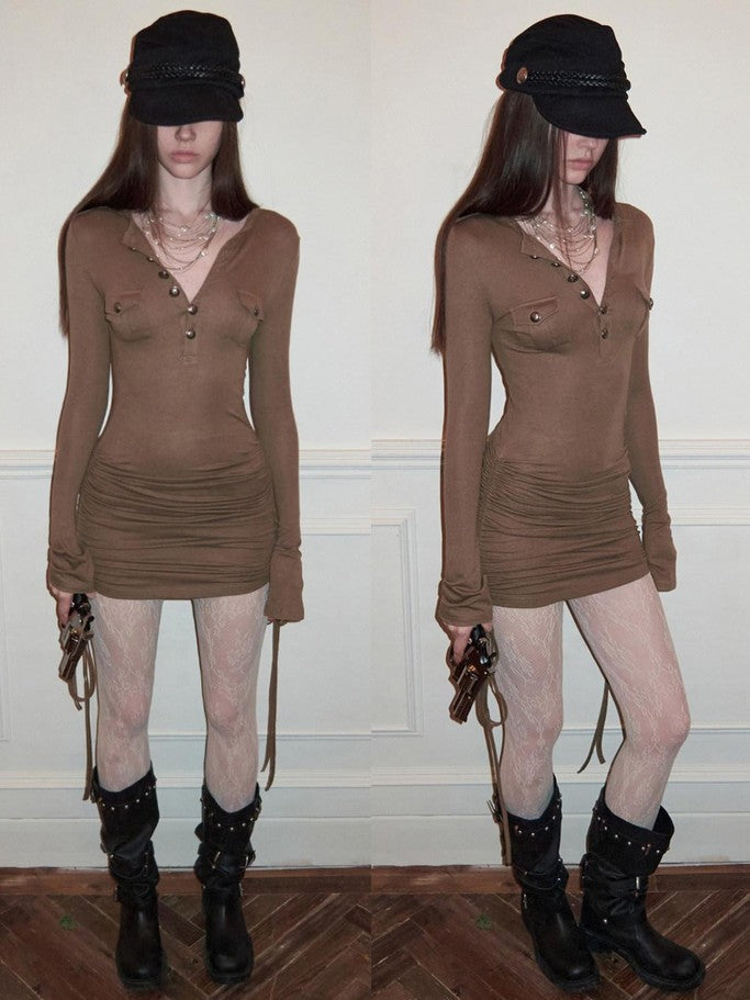 Henley Collar Pocket Knit Women's Lyocell Wool Blend Bodycon Mini Dresses