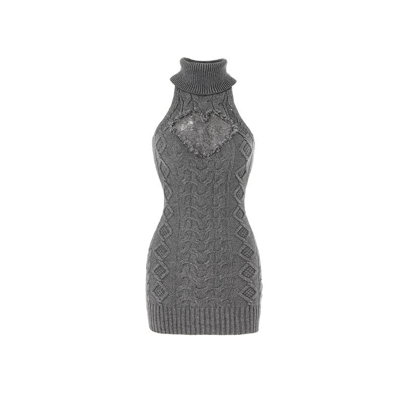High Neck Lace Cutout Waist Cinching Sleeveless Women's Knit Midi Dresses