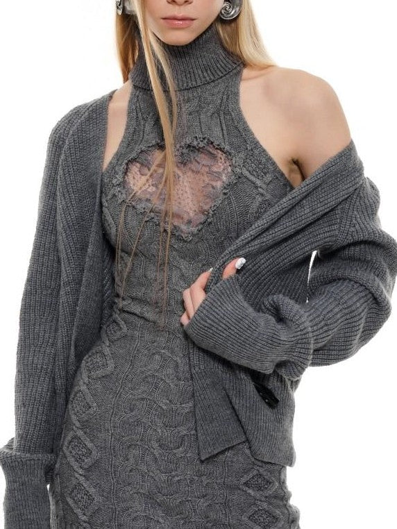 High Neck Lace Cutout Waist Cinching Sleeveless Women's Knit Midi Dresses