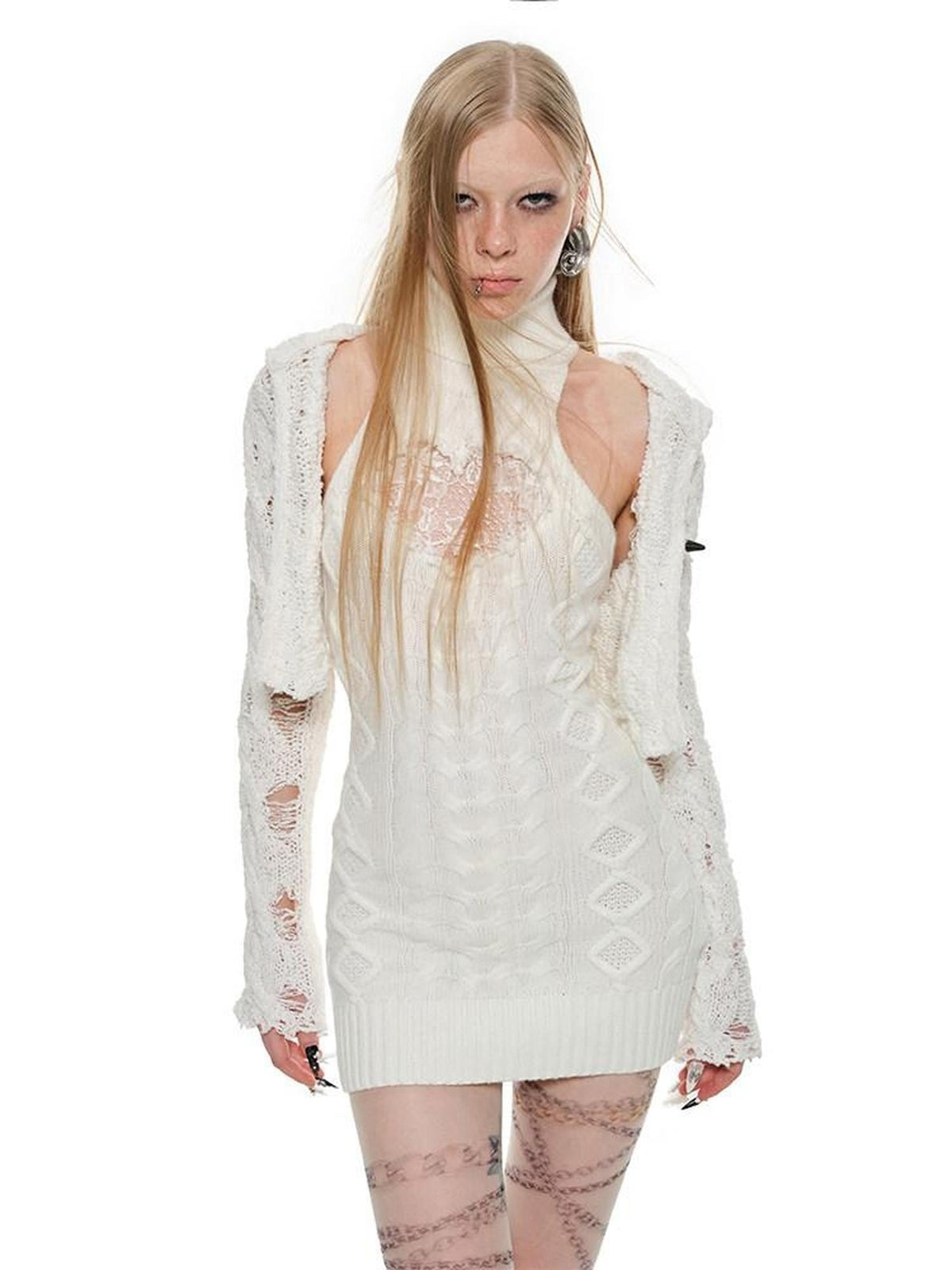 High Neck Lace Cutout Waist Cinching Sleeveless Women's Knit Midi Dresses