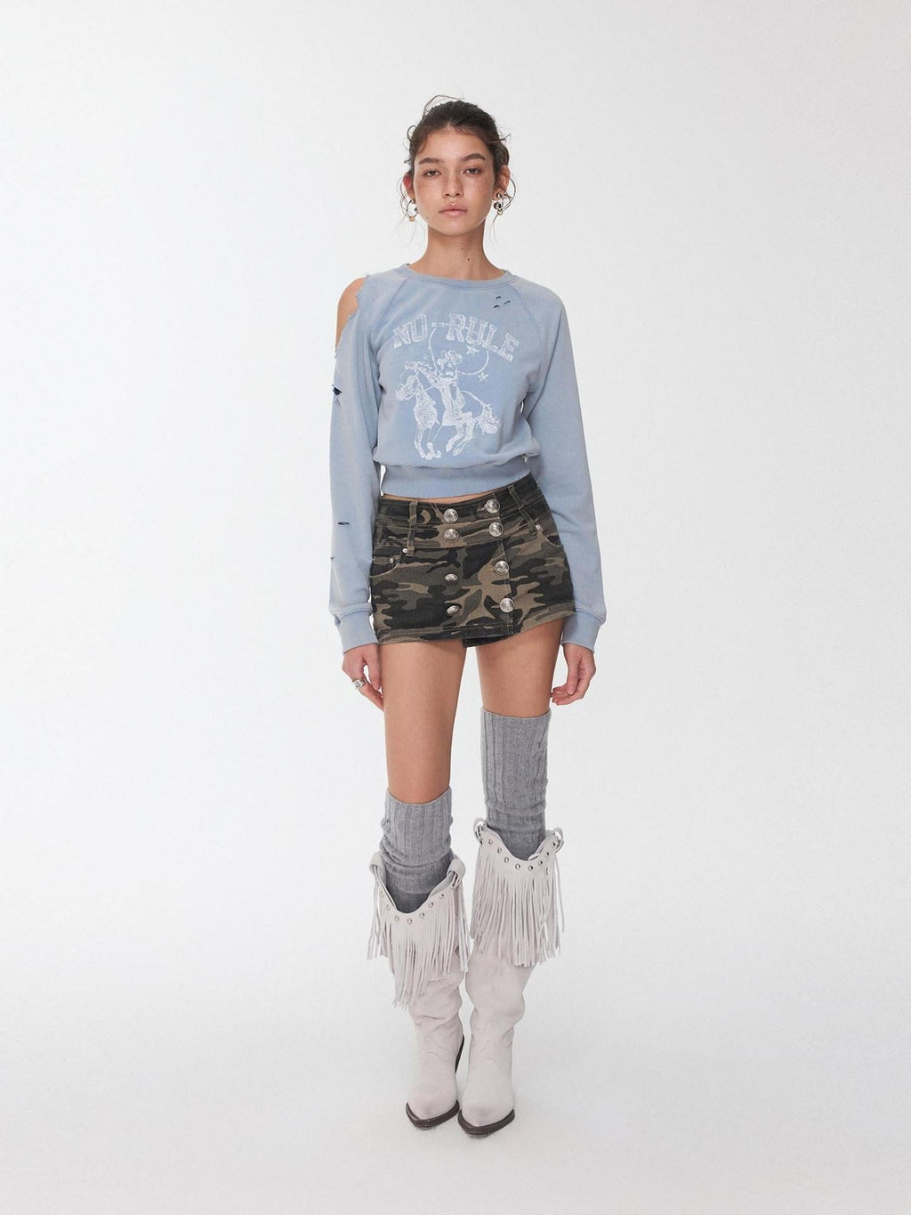 Knight Cat Print Washed Distressed Cropped Off Shoulder Women's Slim Sweatshirts