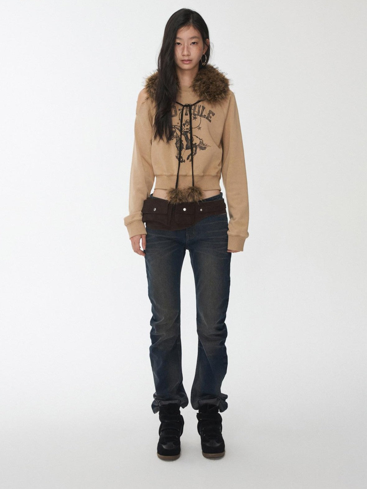 Knight Cat Print Washed Distressed Cropped Off Shoulder Women's Slim Sweatshirts