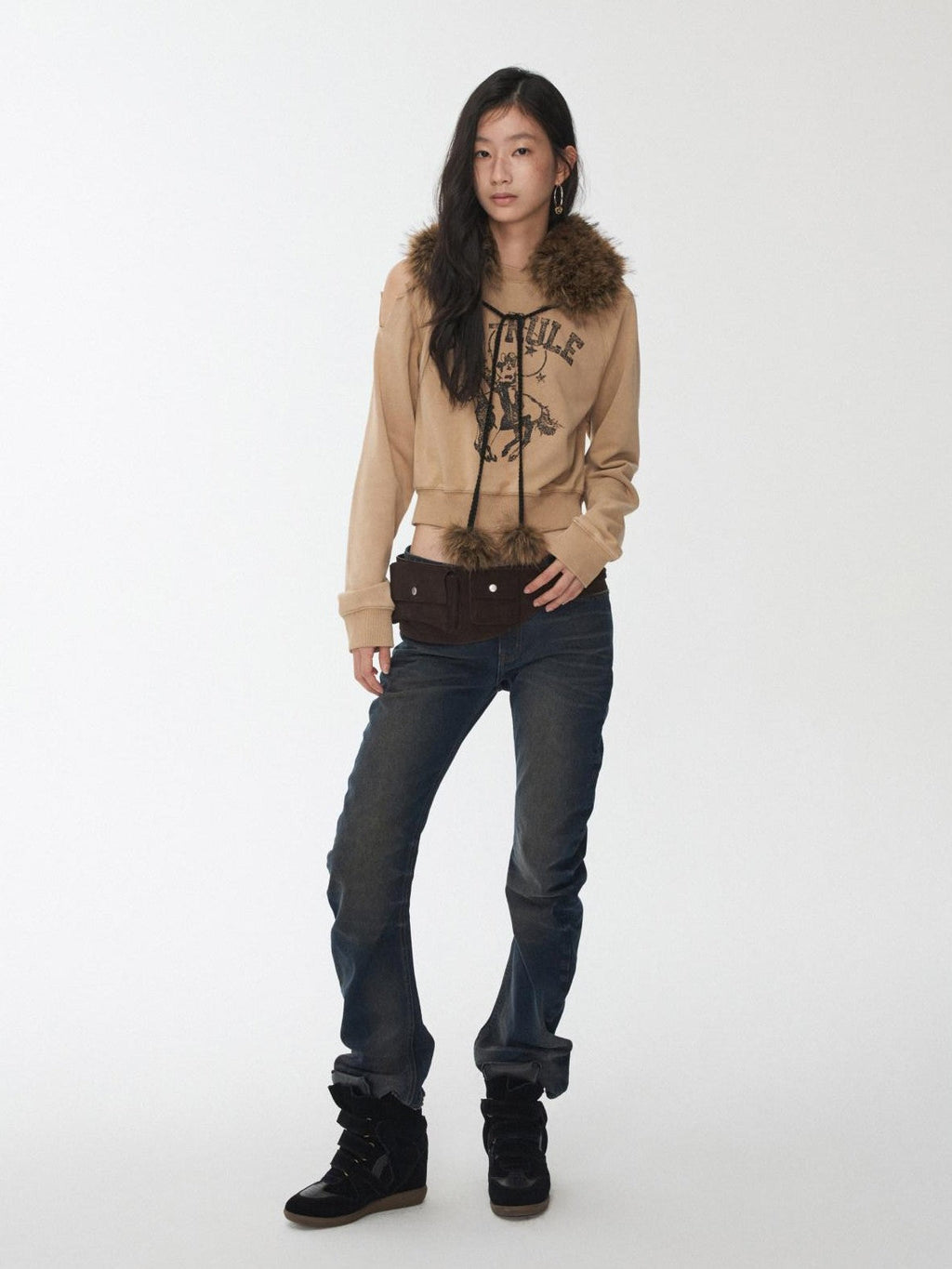 Knight Cat Print Washed Distressed Cropped Off Shoulder Women's Slim Sweatshirts