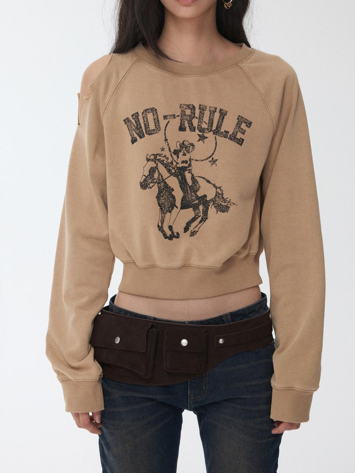 Knight Cat Print Washed Distressed Cropped Off Shoulder Women's Slim Sweatshirts