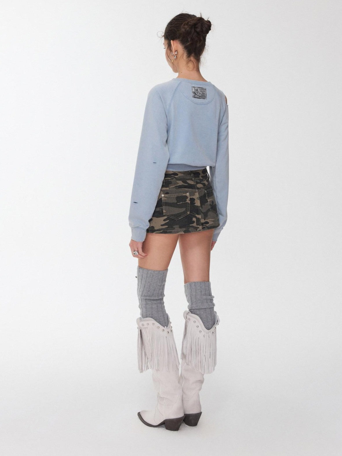 Knight Cat Print Washed Distressed Cropped Off Shoulder Women's Slim Sweatshirts