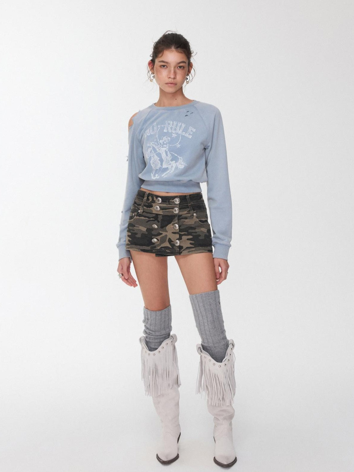 Knight Cat Print Washed Distressed Cropped Off Shoulder Women's Slim Sweatshirts