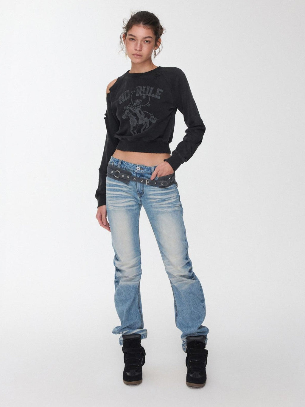 Knight Cat Print Washed Distressed Cropped Off Shoulder Women's Slim Sweatshirts