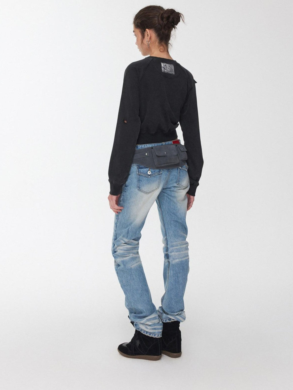 Knight Cat Print Washed Distressed Cropped Off Shoulder Women's Slim Sweatshirts