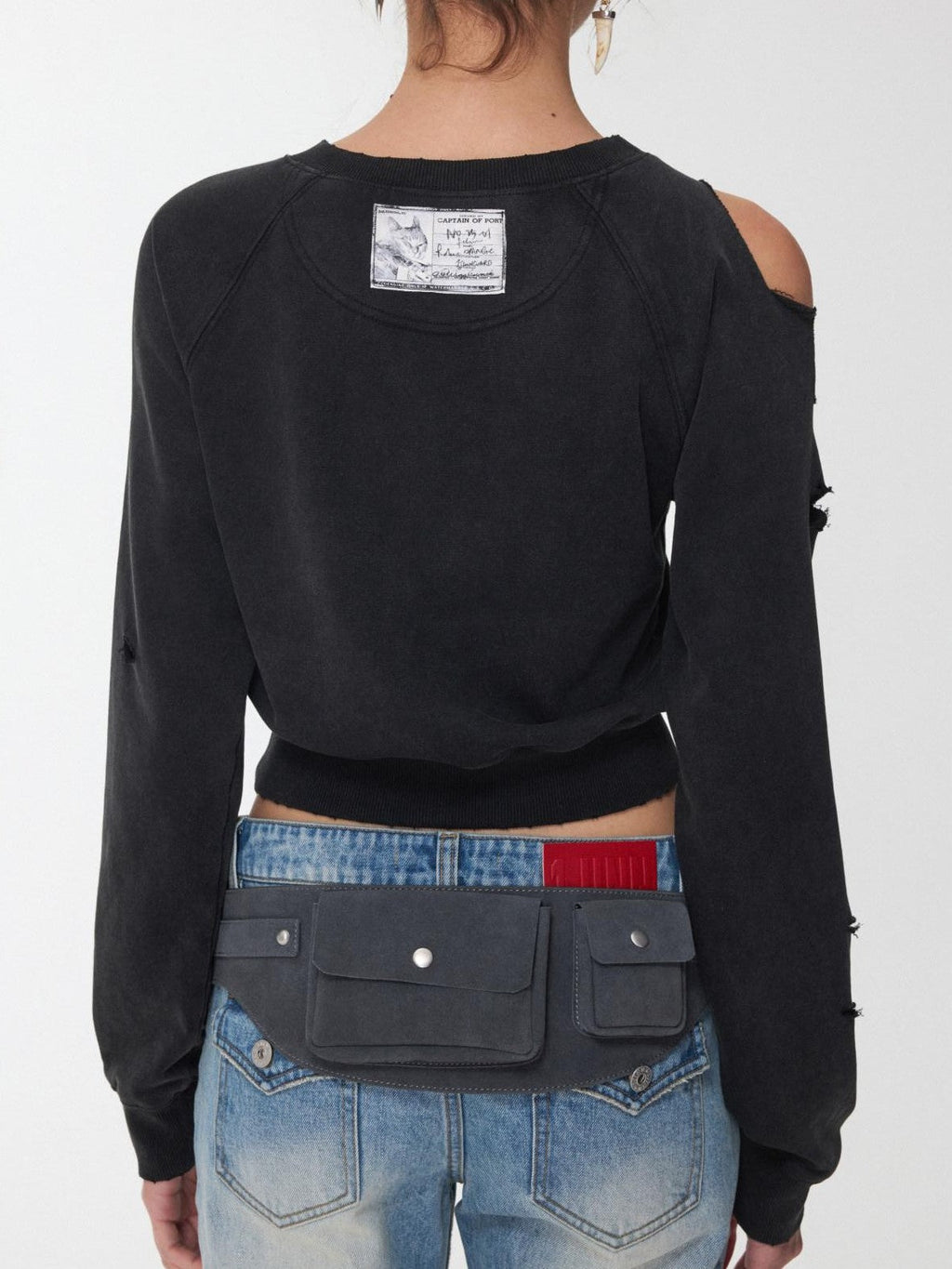 Knight Cat Print Washed Distressed Cropped Off Shoulder Women's Slim Sweatshirts