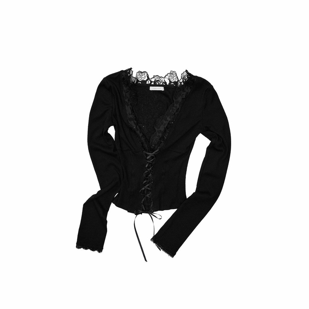 Lace Panel V-neck Slim Fit Women's Knit Long Sleeve T-shirts