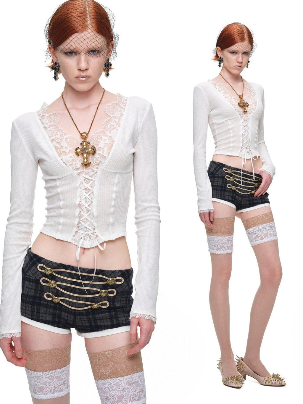 Lace Panel V-neck Slim Fit Women's Knit Long Sleeve T-shirts