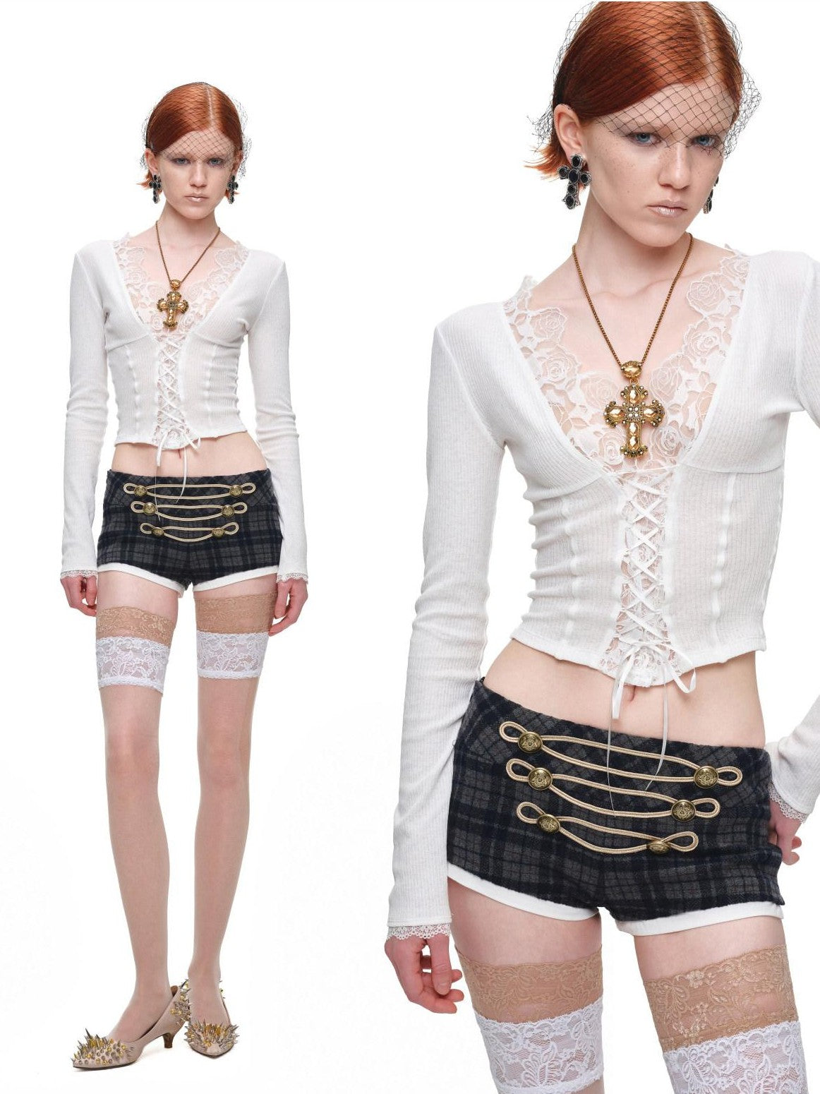 Lace Panel V-neck Slim Fit Women's Knit Long Sleeve T-shirts