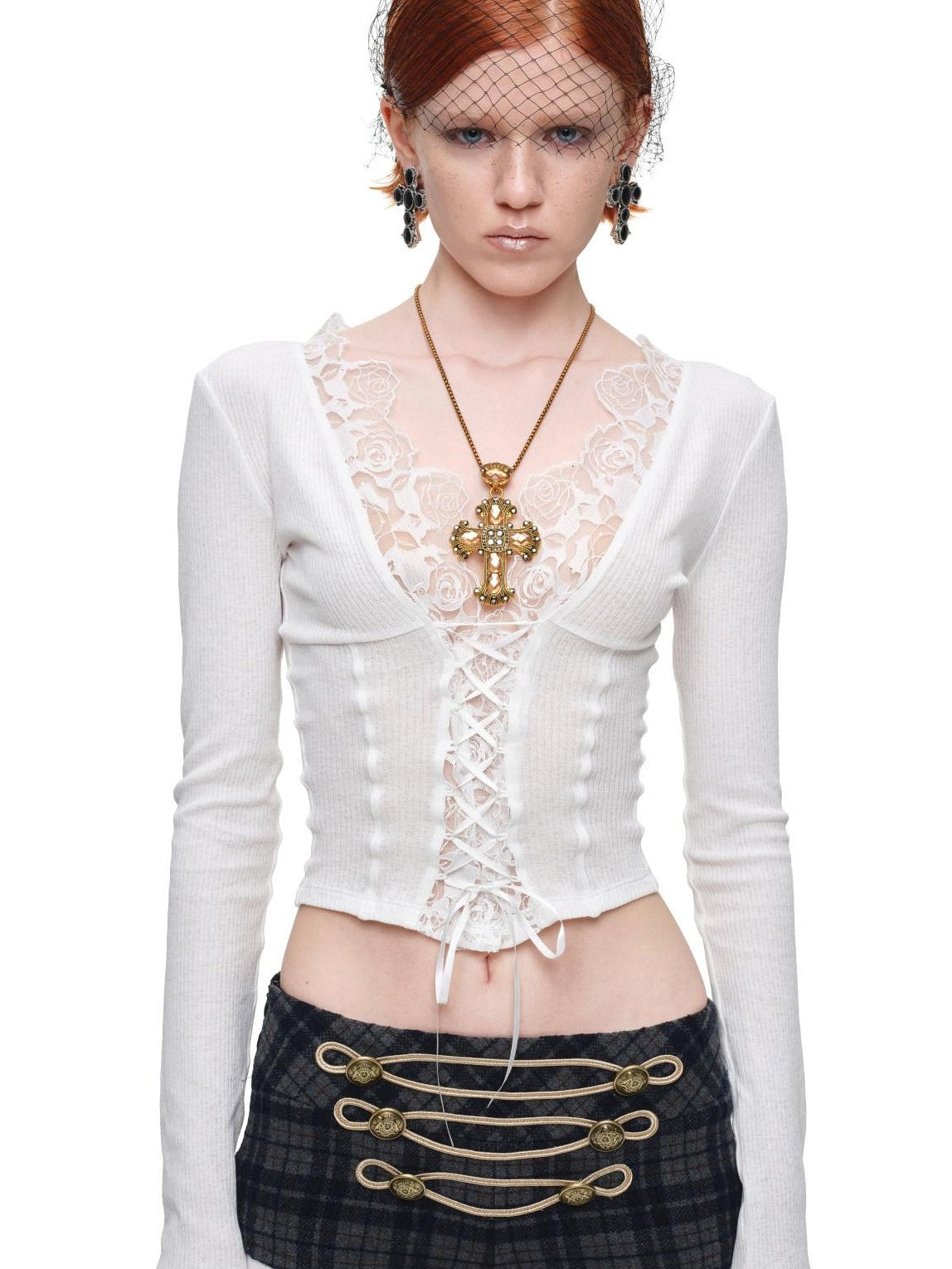 Lace Panel V-neck Slim Fit Women's Knit Long Sleeve T-shirts