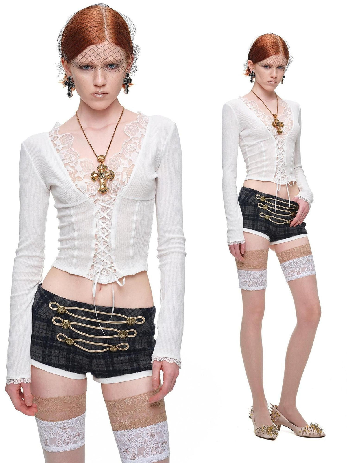 Lace Panel V-neck Slim Fit Women's Knit Long Sleeve T-shirts