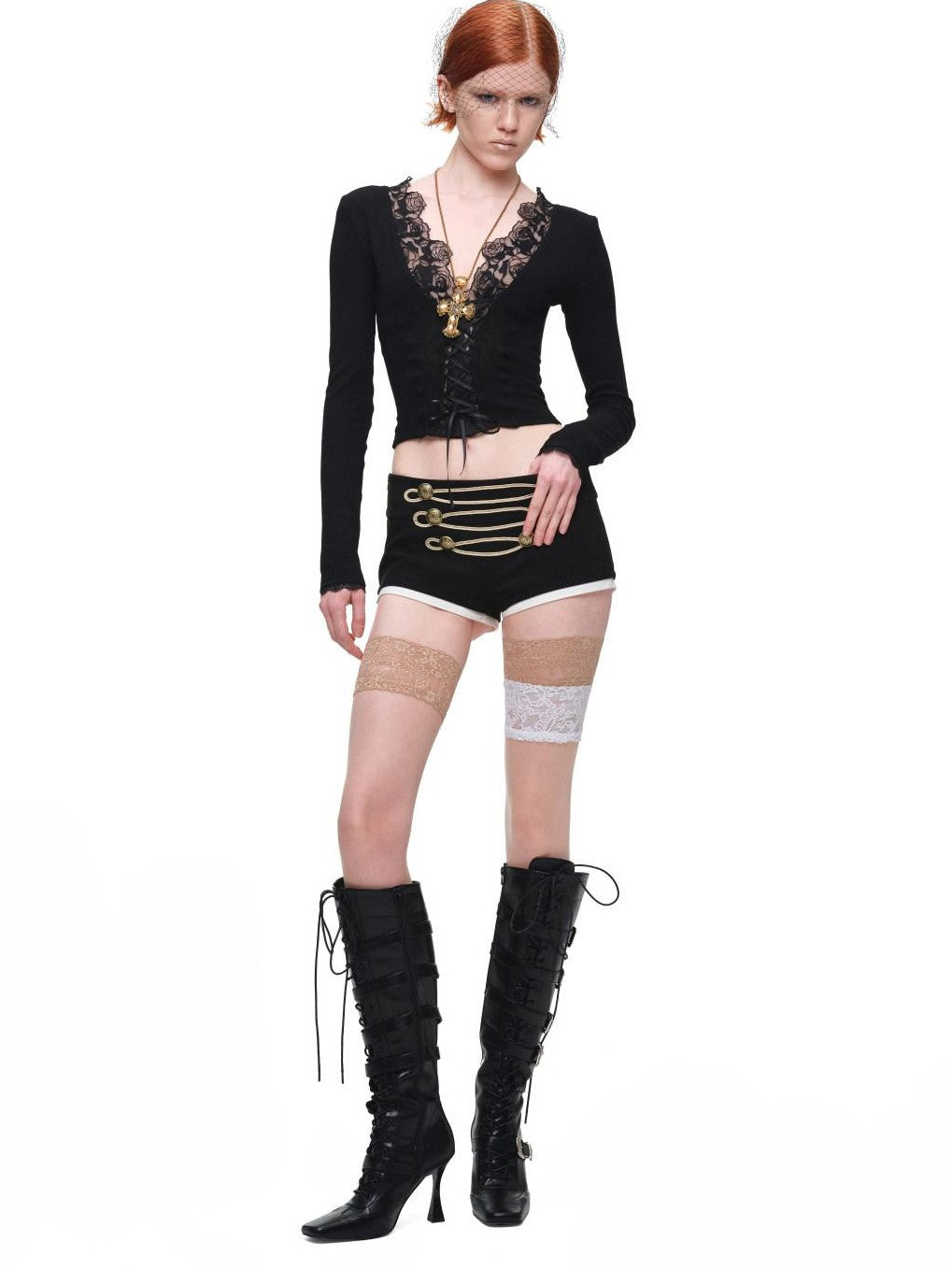 Lace Panel V-neck Slim Fit Women's Knit Long Sleeve T-shirts