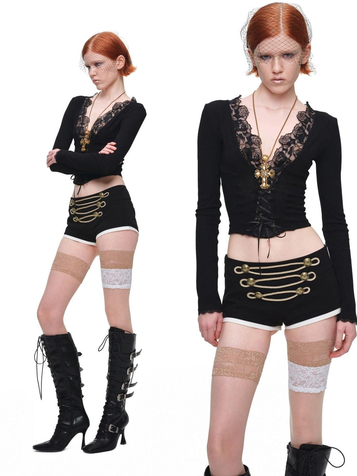 Lace Panel V-neck Slim Fit Women's Knit Long Sleeve T-shirts