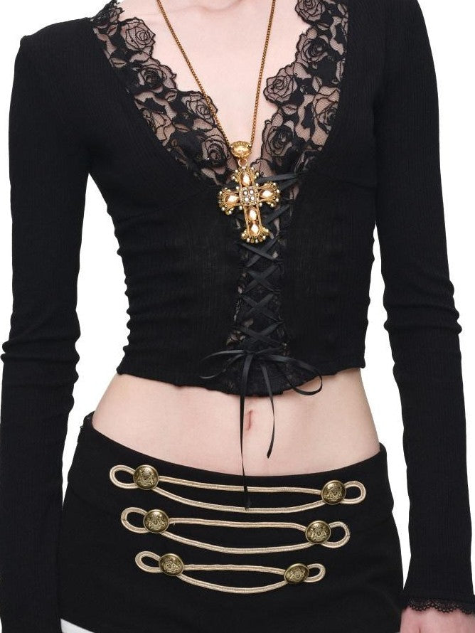 Lace Panel V-neck Slim Fit Women's Knit Long Sleeve T-shirts
