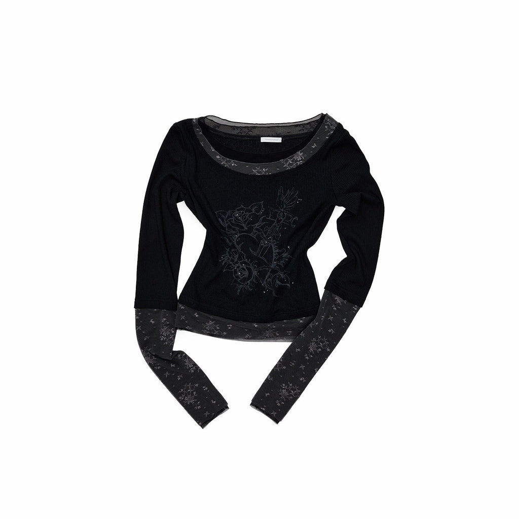 Lace Splice Colorblock Printed Rhinestone Women's Cotton Long Sleeve T-shirts