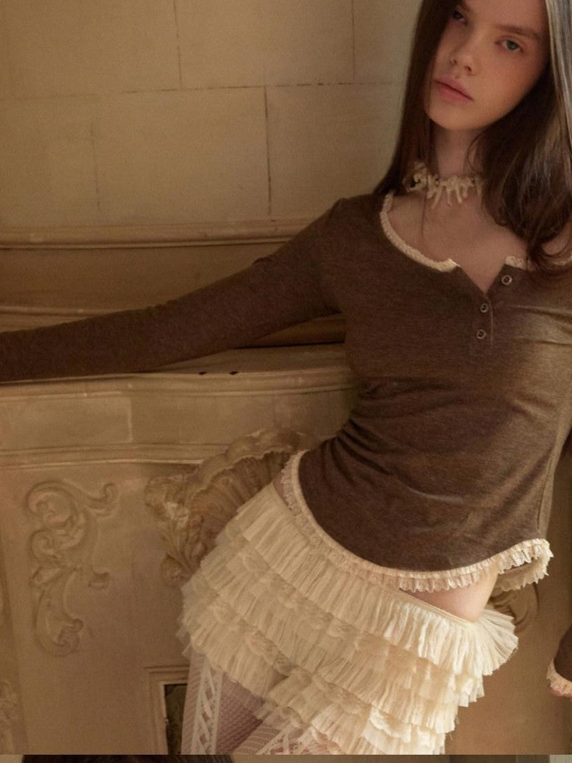 Lace Trim Henley Collar Diagonal Placket Women's Slim Fit Long Sleeve T-shirts