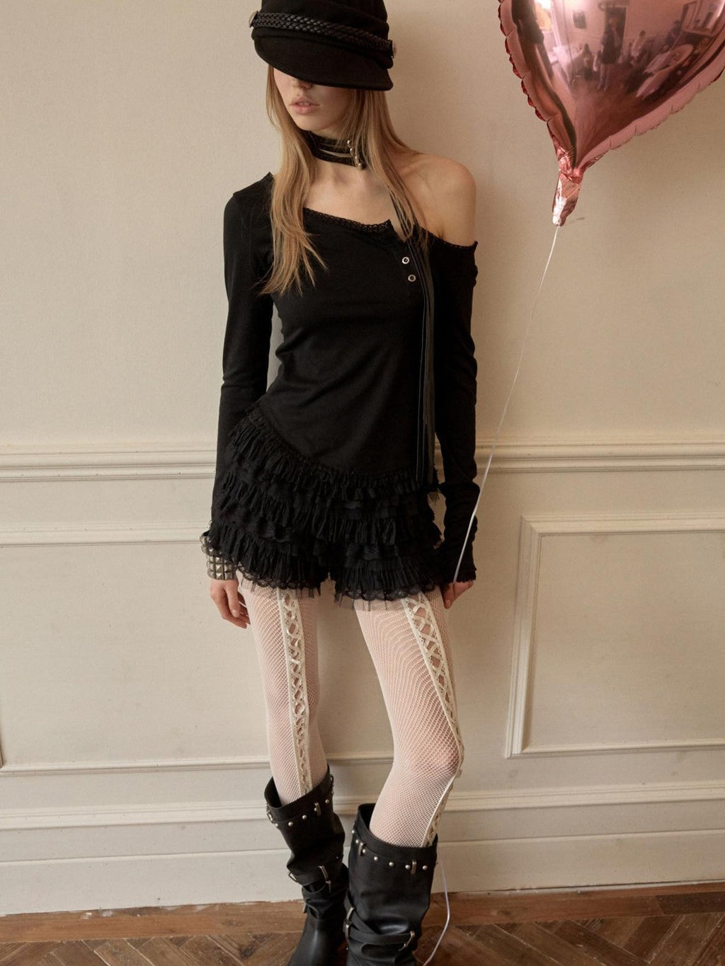 Lace Trim Henley Collar Diagonal Placket Women's Slim Fit Long Sleeve T-shirts