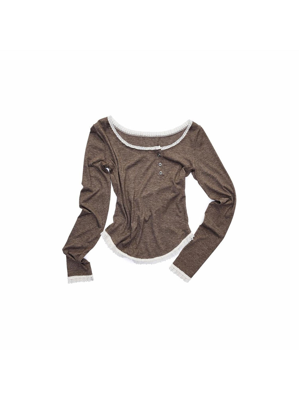 Lace Trim Henley Collar Diagonal Placket Women's Slim Fit Long Sleeve T-shirts