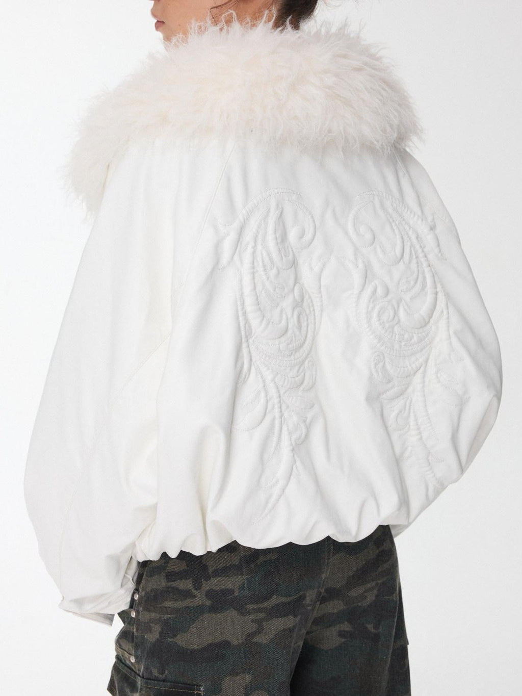 Large Fur Collar Embossed Embroidery Padded Loose Fit Women's Leather Jackets