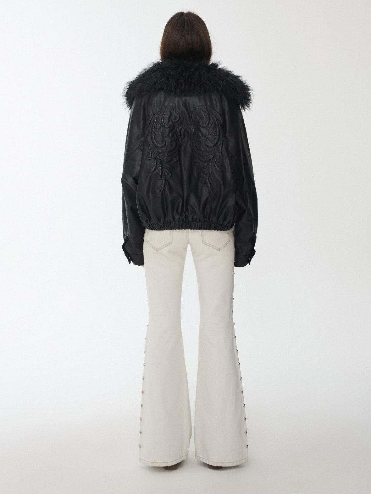 Large Fur Collar Embossed Embroidery Padded Loose Fit Women's Leather Jackets