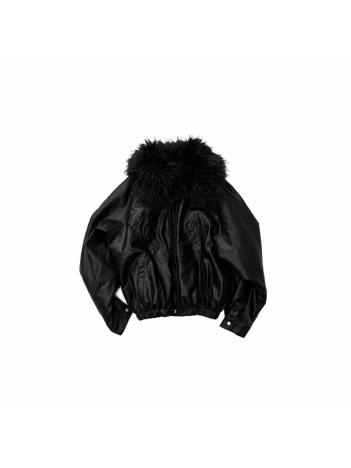 Large Fur Collar Embossed Embroidery Padded Loose Fit Women's Leather Jackets