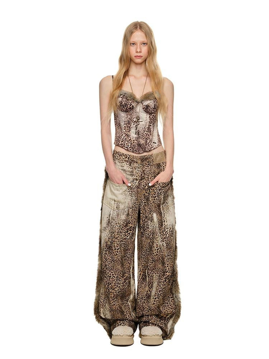 Leopard Patchwork Deconstructed Low Rise Women's Rabbit Fur Wide-leg Jeans