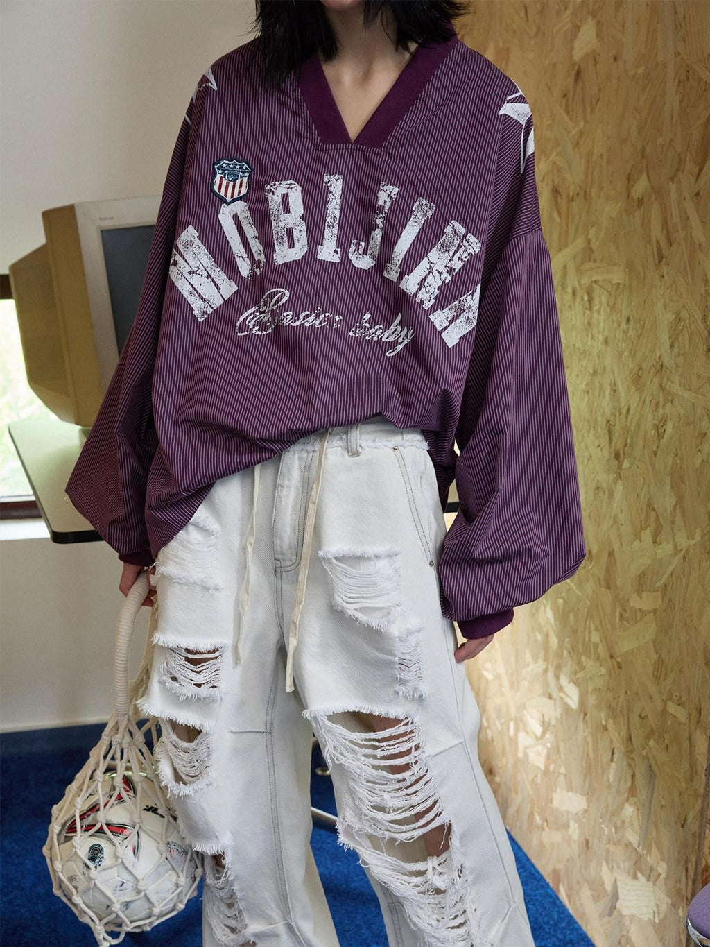 Letter Print V-neck Plaid Loose Jersey Women's Long Sleeve T-shirts