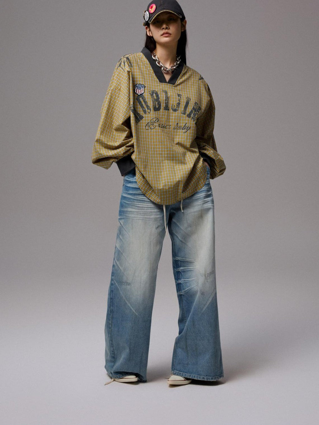 Letter Print V-neck Plaid Loose Jersey Women's Long Sleeve T-shirts