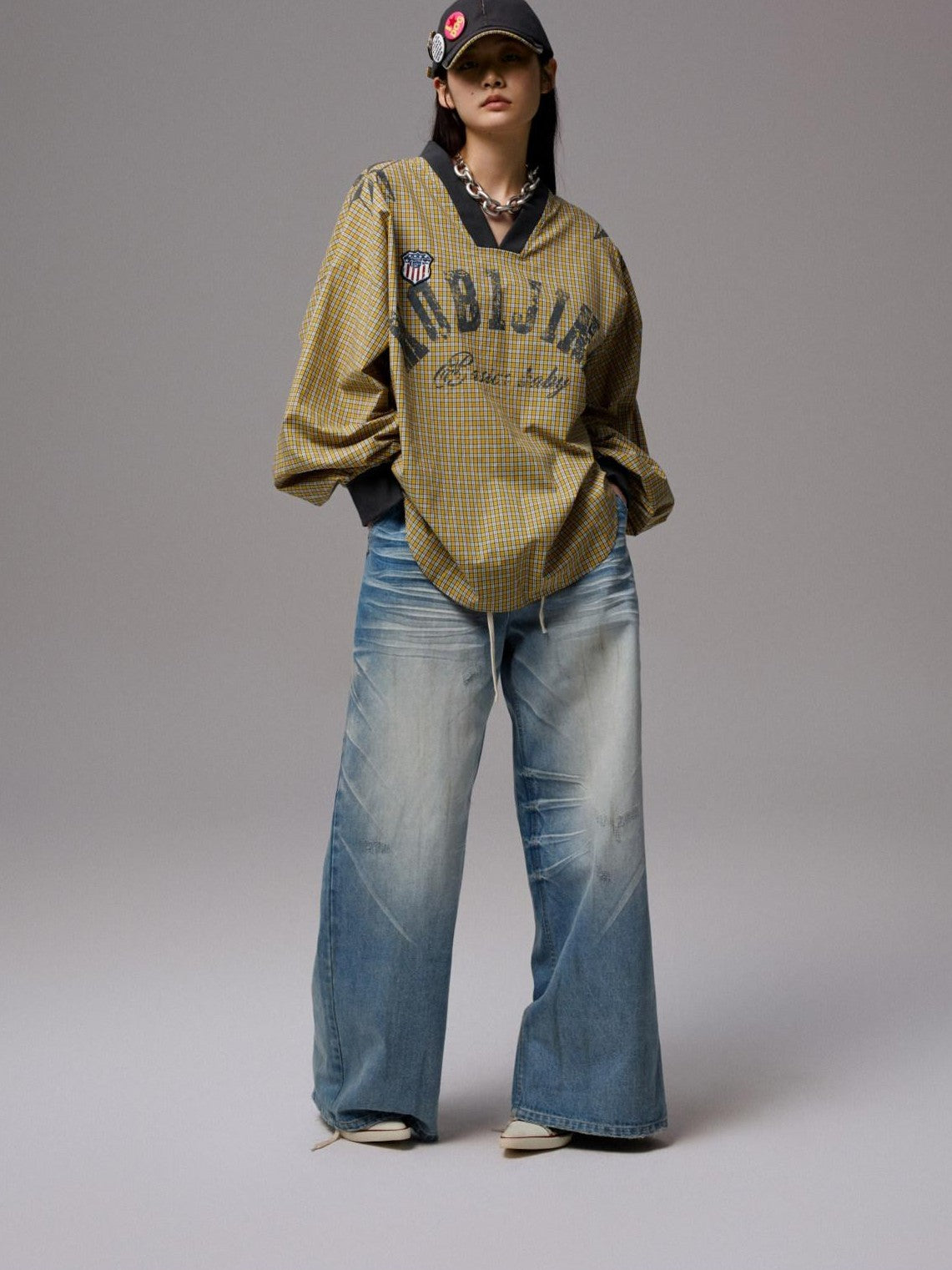 Letter Print V-neck Plaid Loose Jersey Women's Long Sleeve T-shirts