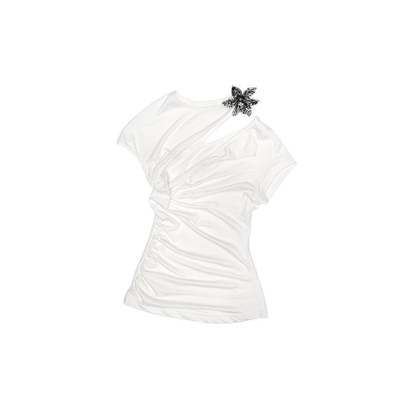 Metallic Flower Knot Gathered Ruching Women's Acetate Slim T-shirts
