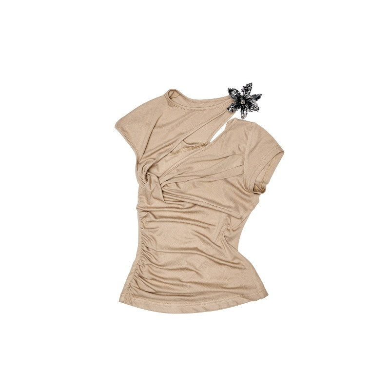 Metallic Flower Knot Gathered Ruching Women's Acetate Slim T-shirts