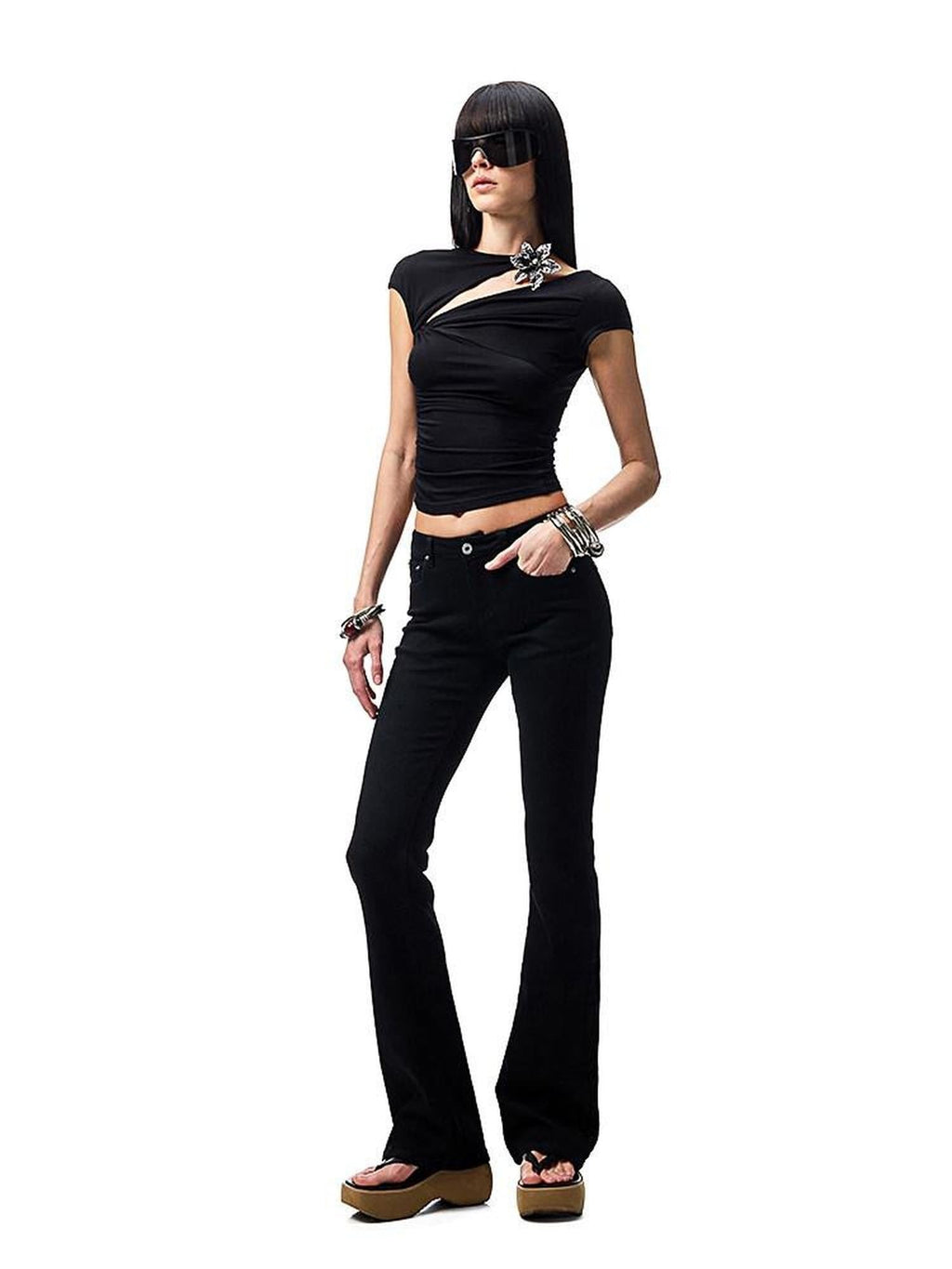 Metallic Flower Knot Gathered Ruching Women's Acetate Slim T-shirts