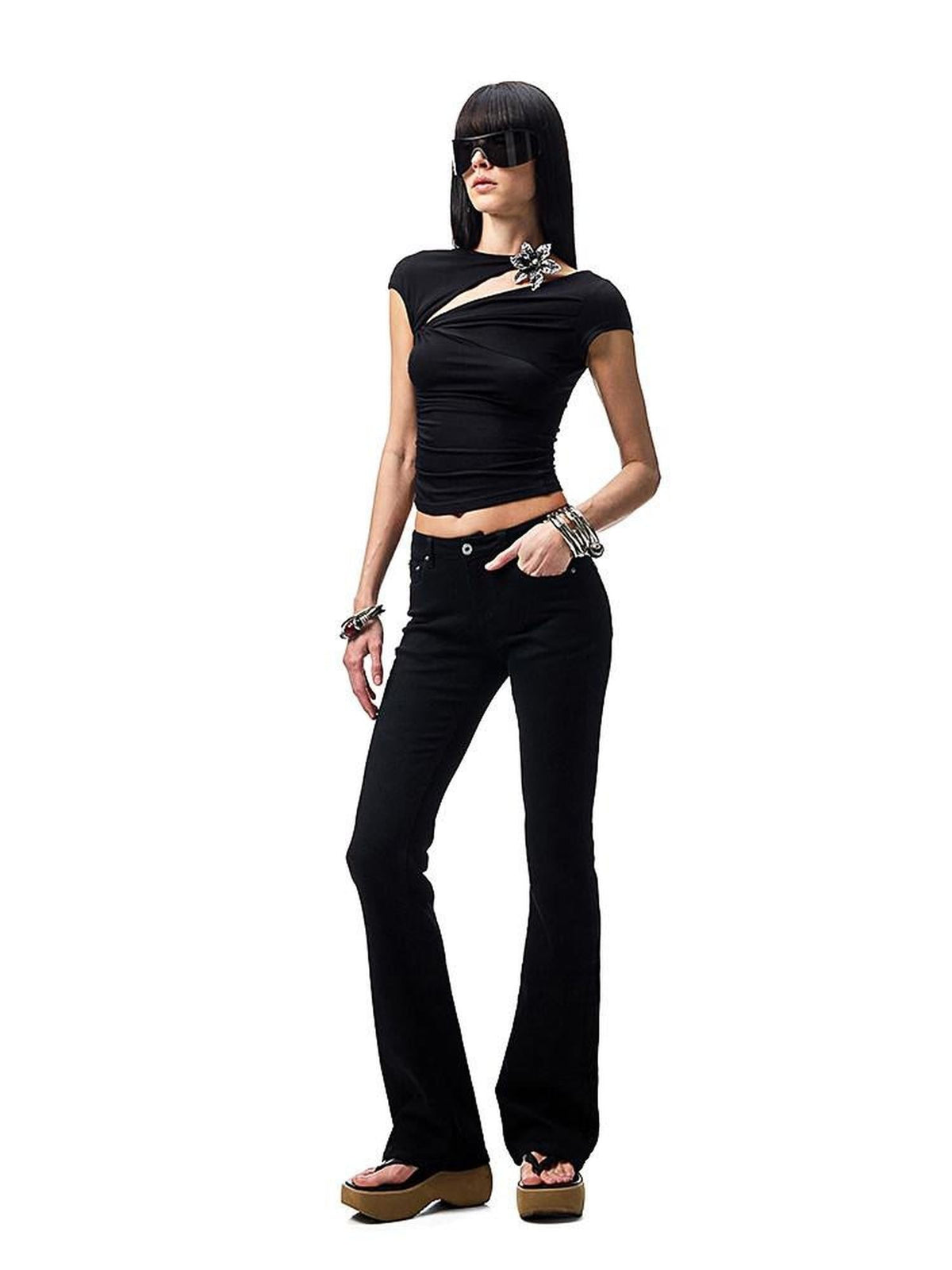 Metallic Flower Knot Gathered Ruching Women's Acetate Slim T-shirts