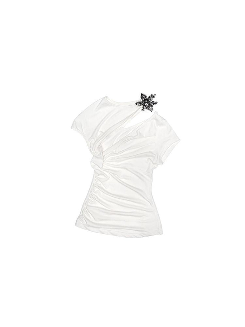 Metallic Flower Knot Gathered Ruching Women's Acetate Slim T-shirts