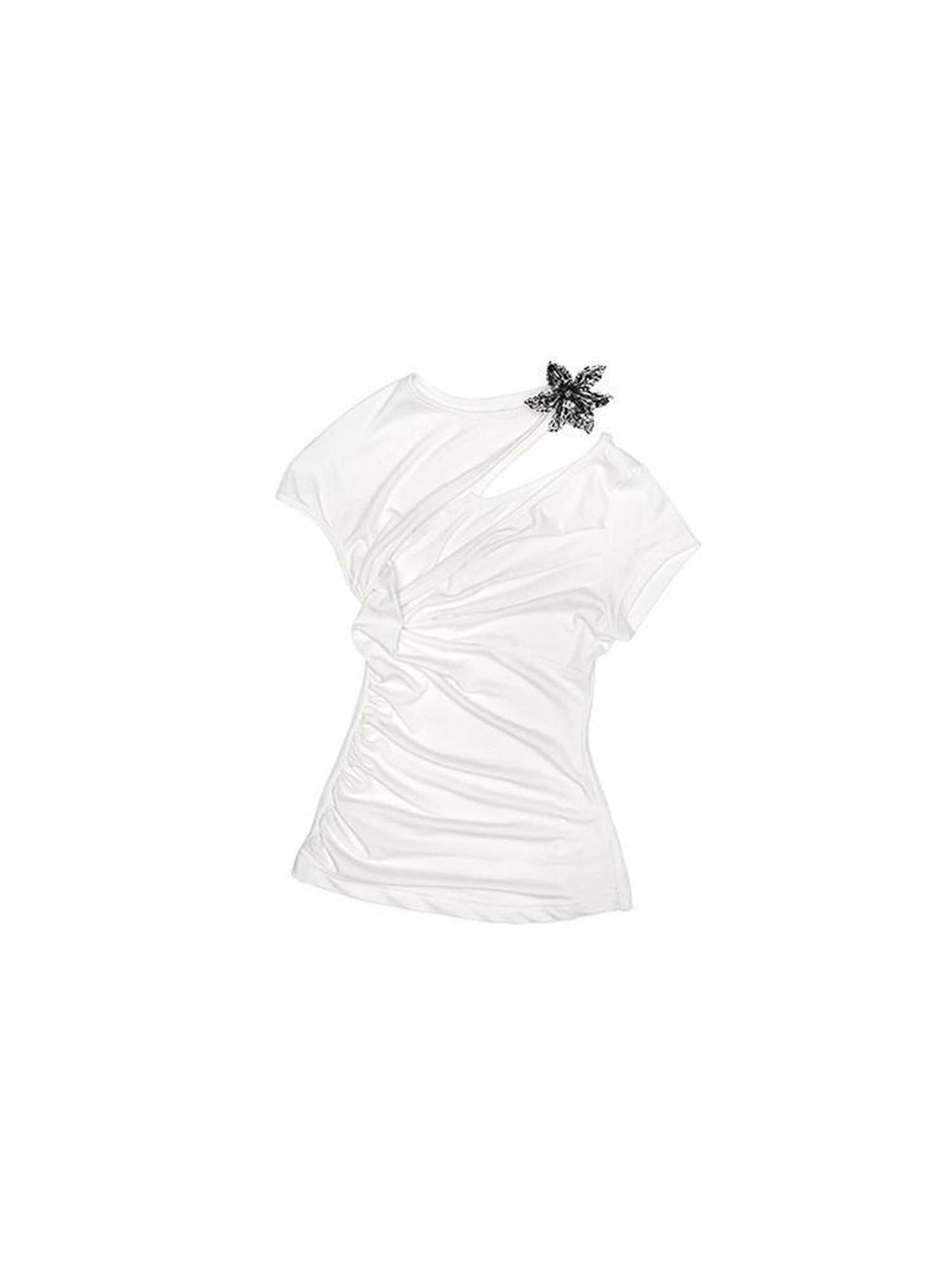 Metallic Flower Knot Gathered Ruching Women's Acetate Slim T-shirts