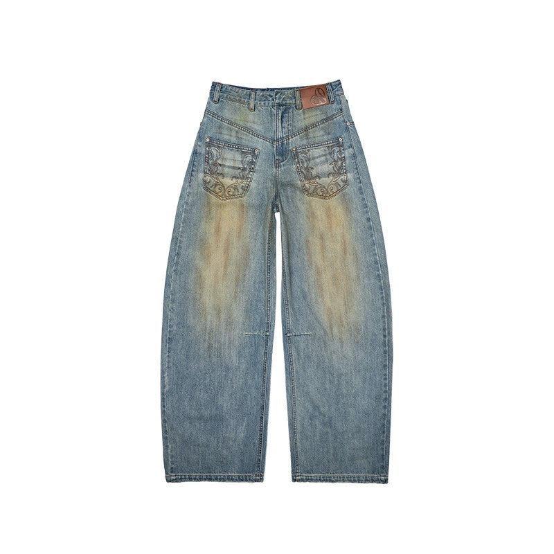 Mud Dye Blue Washed Embroidered Deconstructed Low Rise Women's Barrel-leg Jeans