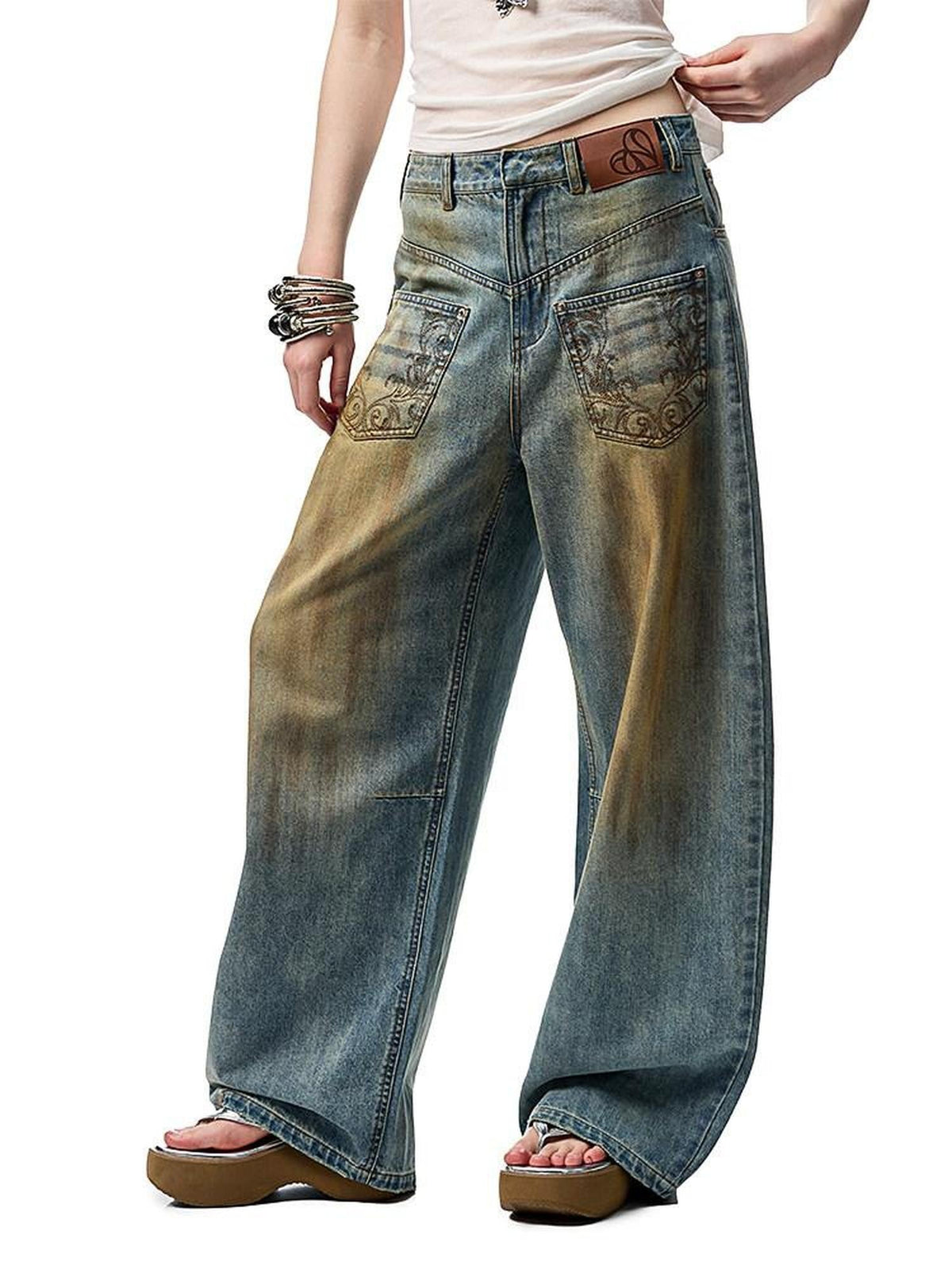 Mud Dye Blue Washed Embroidered Deconstructed Low Rise Women's Barrel-leg Jeans