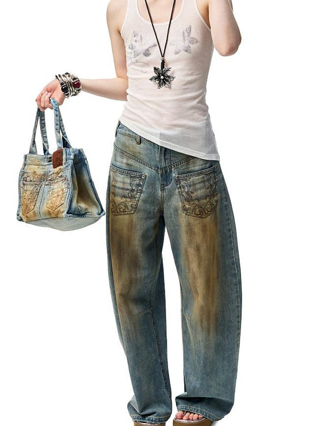 Mud Dye Blue Washed Embroidered Deconstructed Low Rise Women's Barrel-leg Jeans